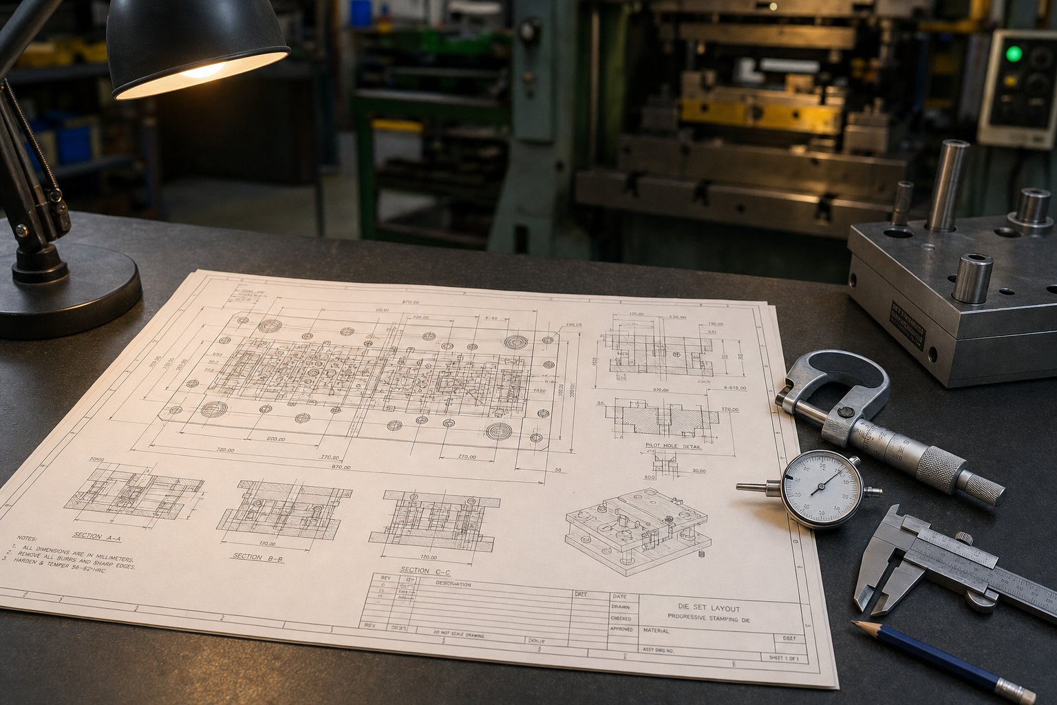 info-1-1 die set specification process with technical drawings and precision measuring instruments on an engineering workstation