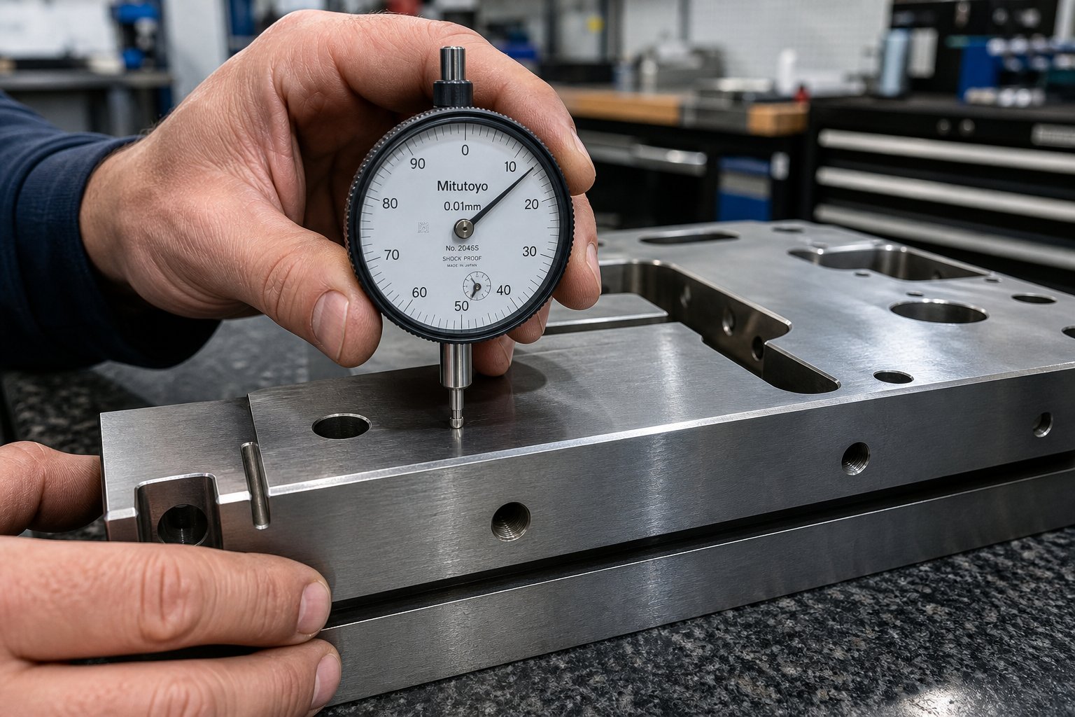 info-1-1 measuring die shoe parallelism with a dial indicator on a surface plate during routine maintenance inspection