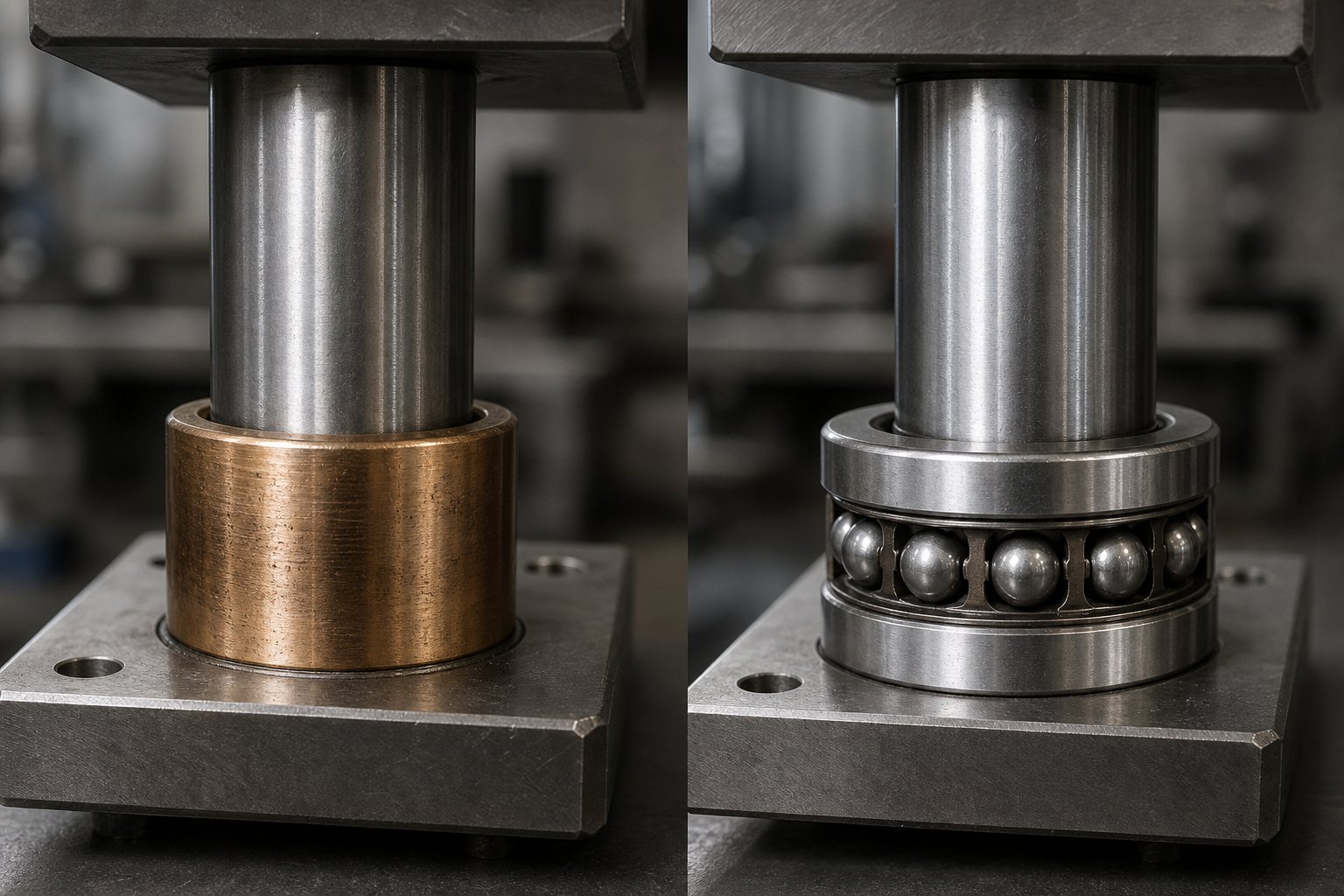 info-1-1 plain bearing guide post with bronze bushing compared to a ball bearing guide assembly with rolling elements