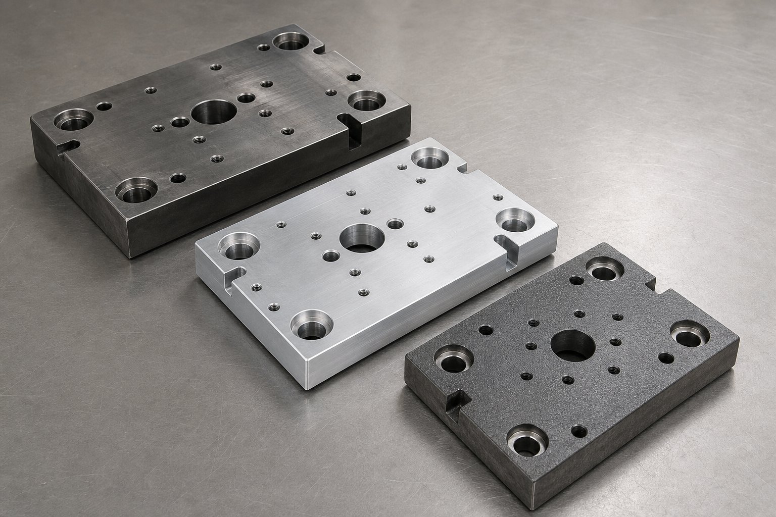 info-1-1 steel aluminum and cast iron die shoe plates showing distinct surface finishes and material characteristics