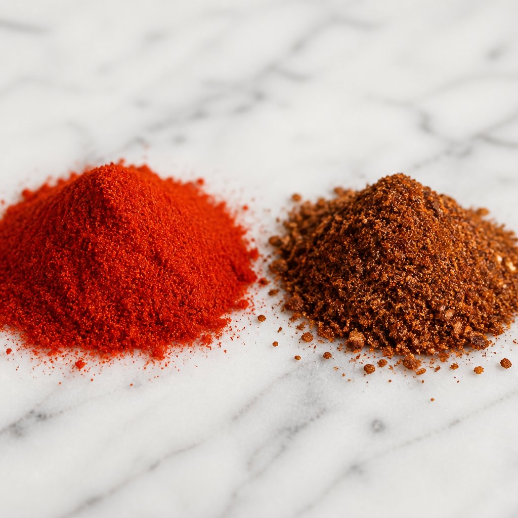 color comparison showing paprika's bright red versus chili powder's darker brownish tone