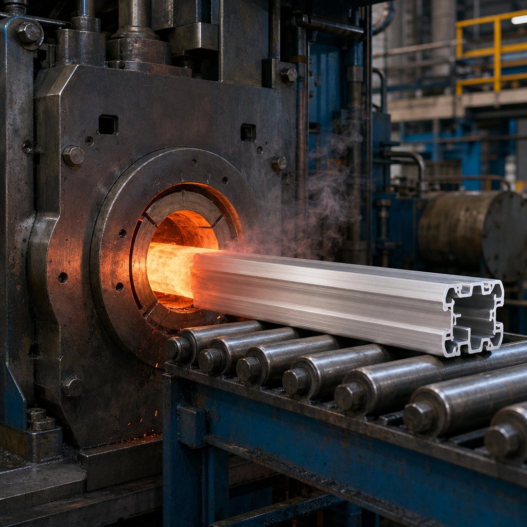 extruded aluminium taking shape during the press and cooling process