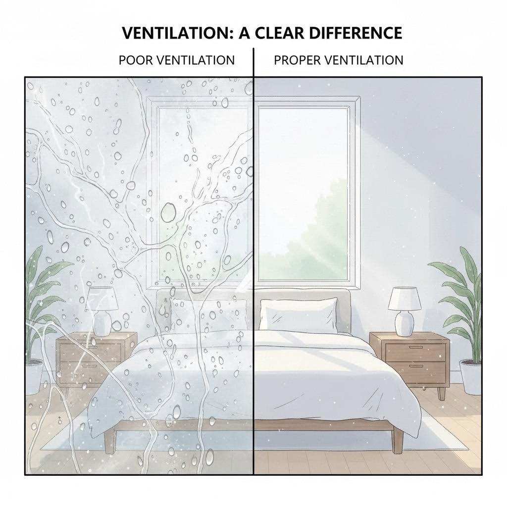 comparison showing condensation affected window versus properly ventilated window