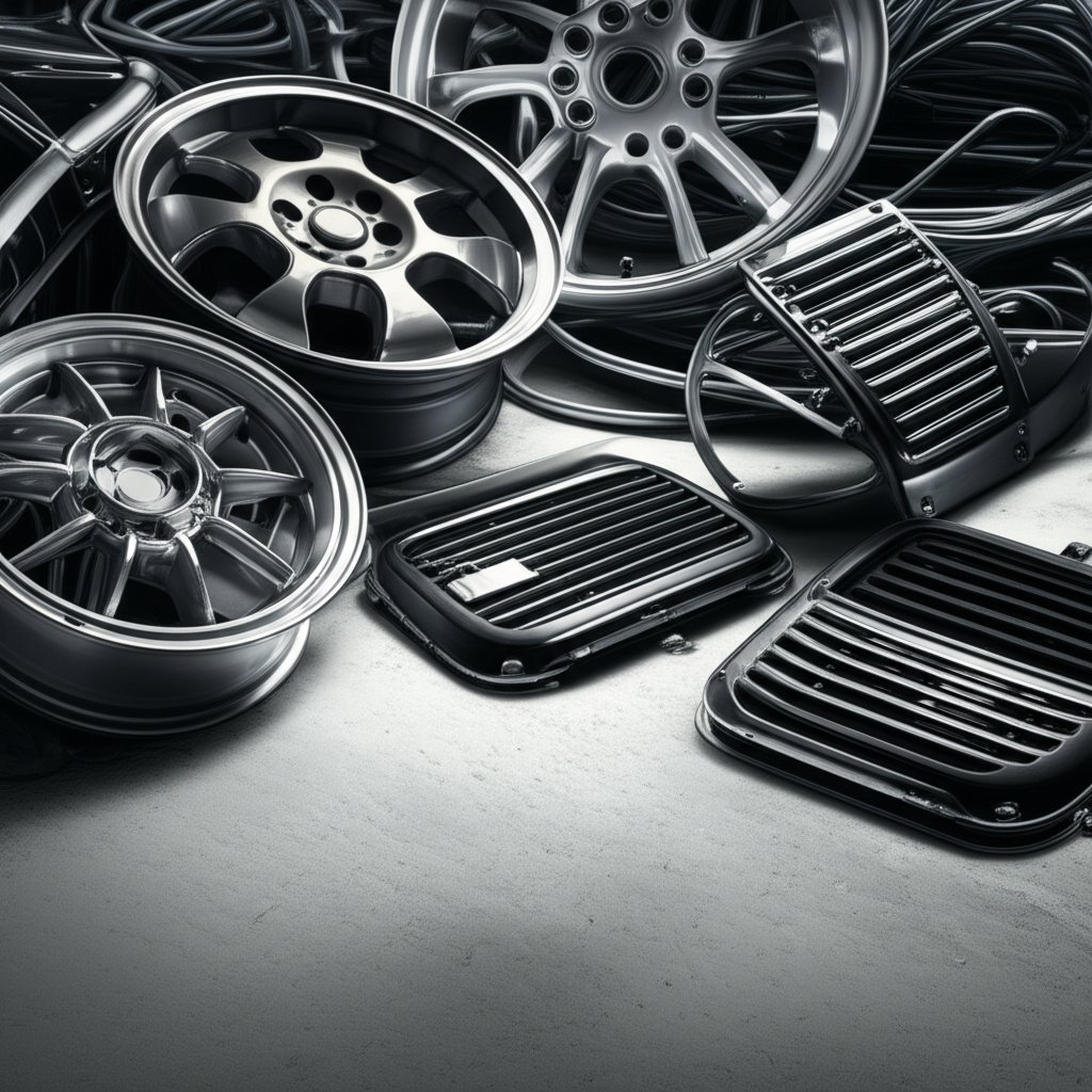 different aluminum scrap forms like wheels wire and cast parts prepared for recycling