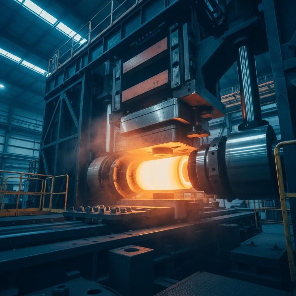 aluminum extrusion press forcing heated billet through a precision die