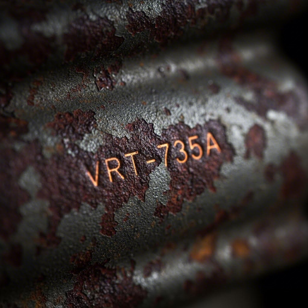 Faint identification numbers stamped into vintage automotive steel