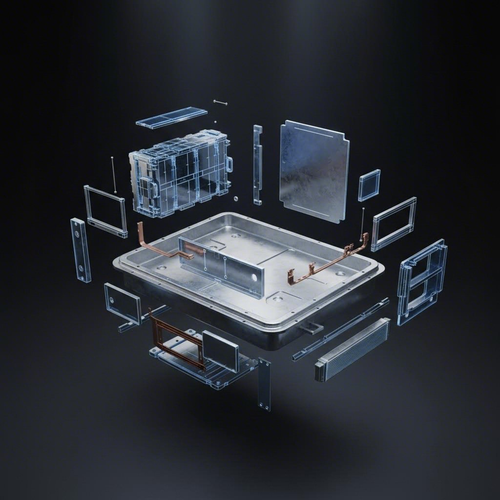 Exploded view of a stamped electric vehicle battery enclosure showing structural integration.