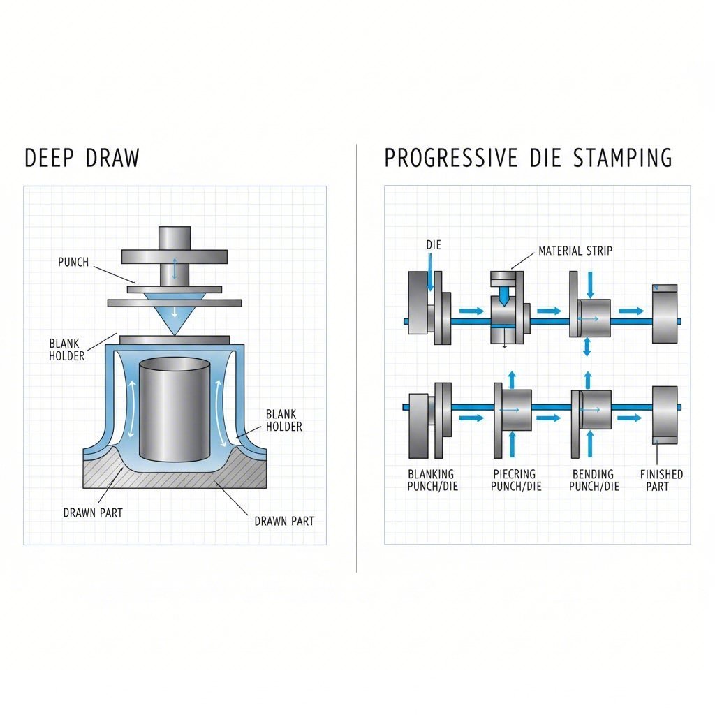 Technical diagram contrasting deep draw and progressive die stamping processes.