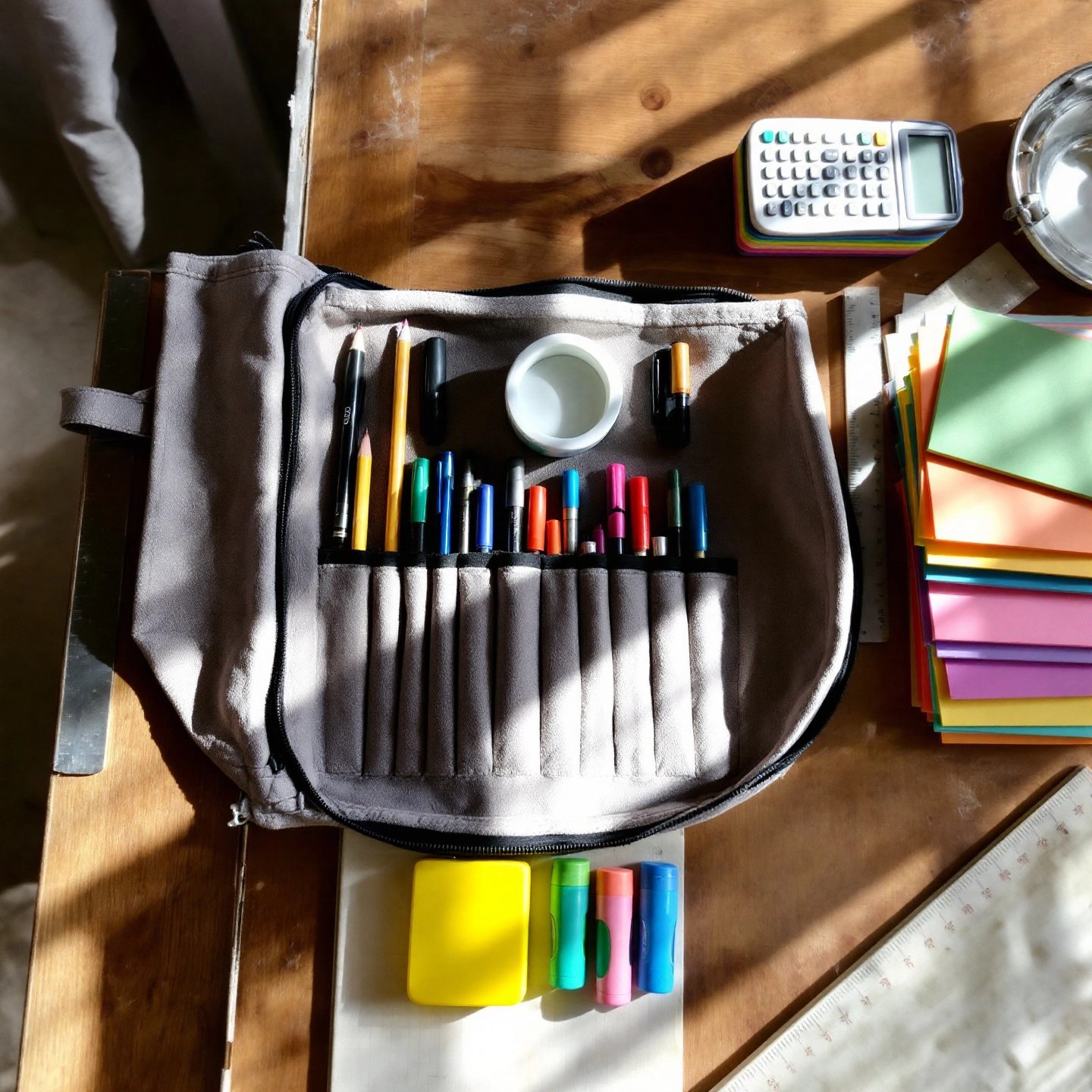 an organized desk showcasing the importance of a pencil bag for efficiency