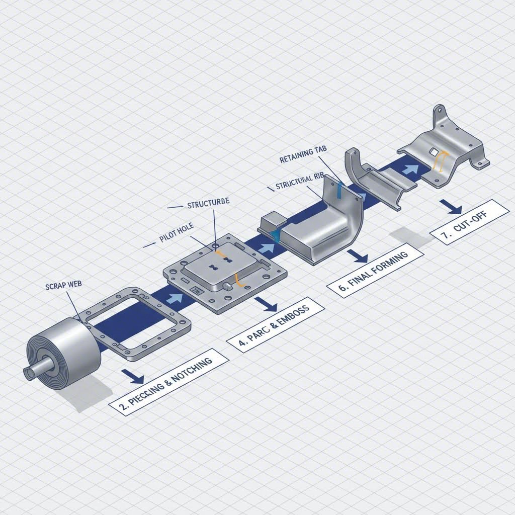 Progressive die stamping stages transforming sheet metal into a radiator support