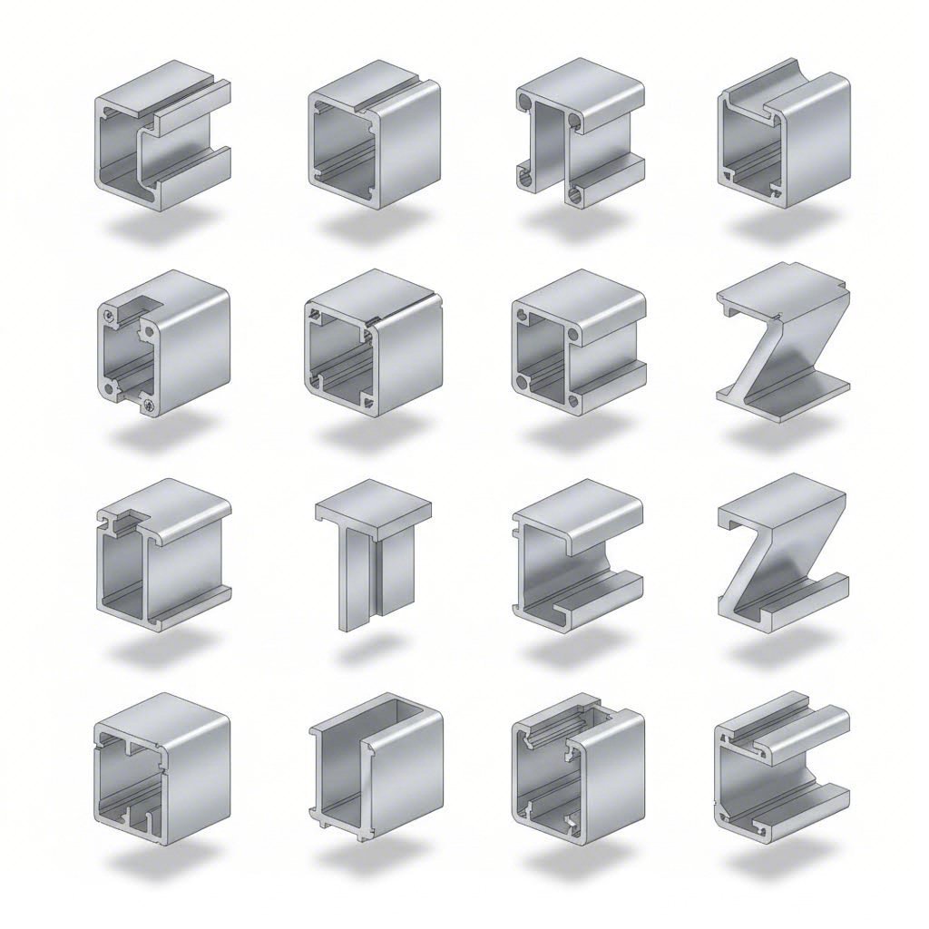 cross sectional views of common aluminum extrusion profile shapes used across industries