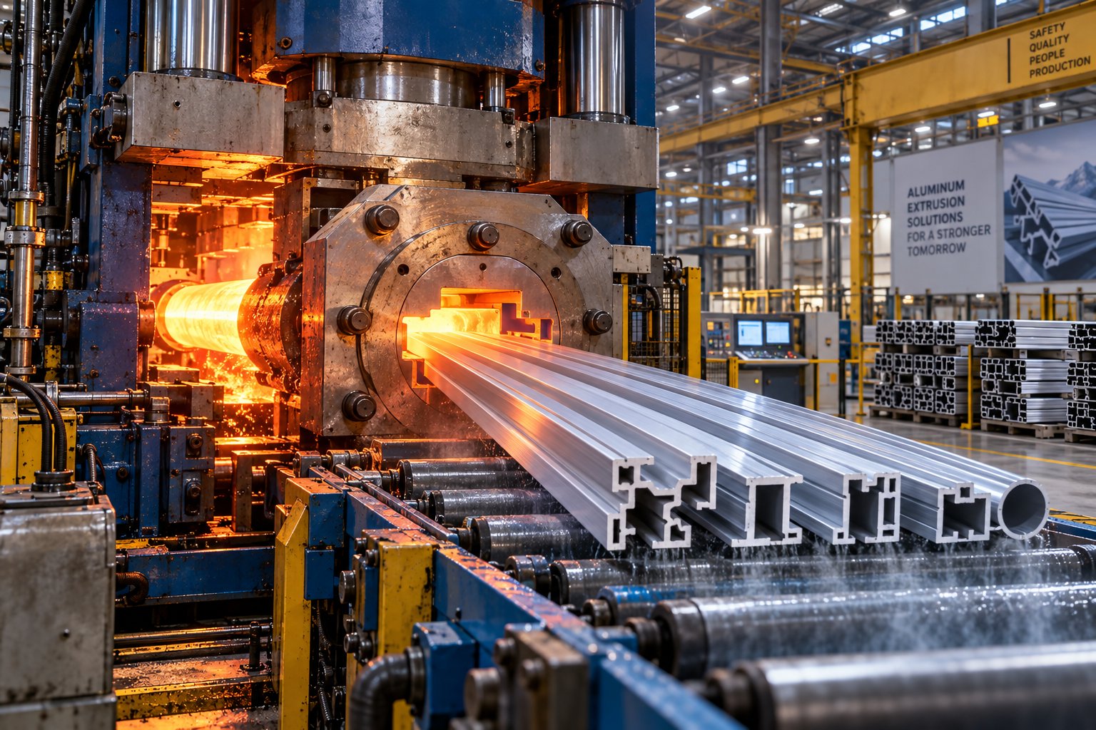 industrial aluminum extrusion press producing precision profiles in a modern manufacturing facility