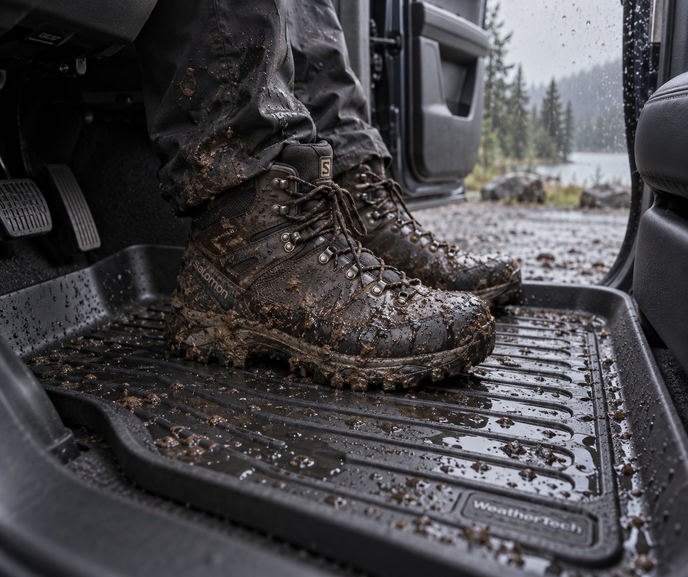 all weather floor mats containing mud and moisture from wet boots inside a vehicle