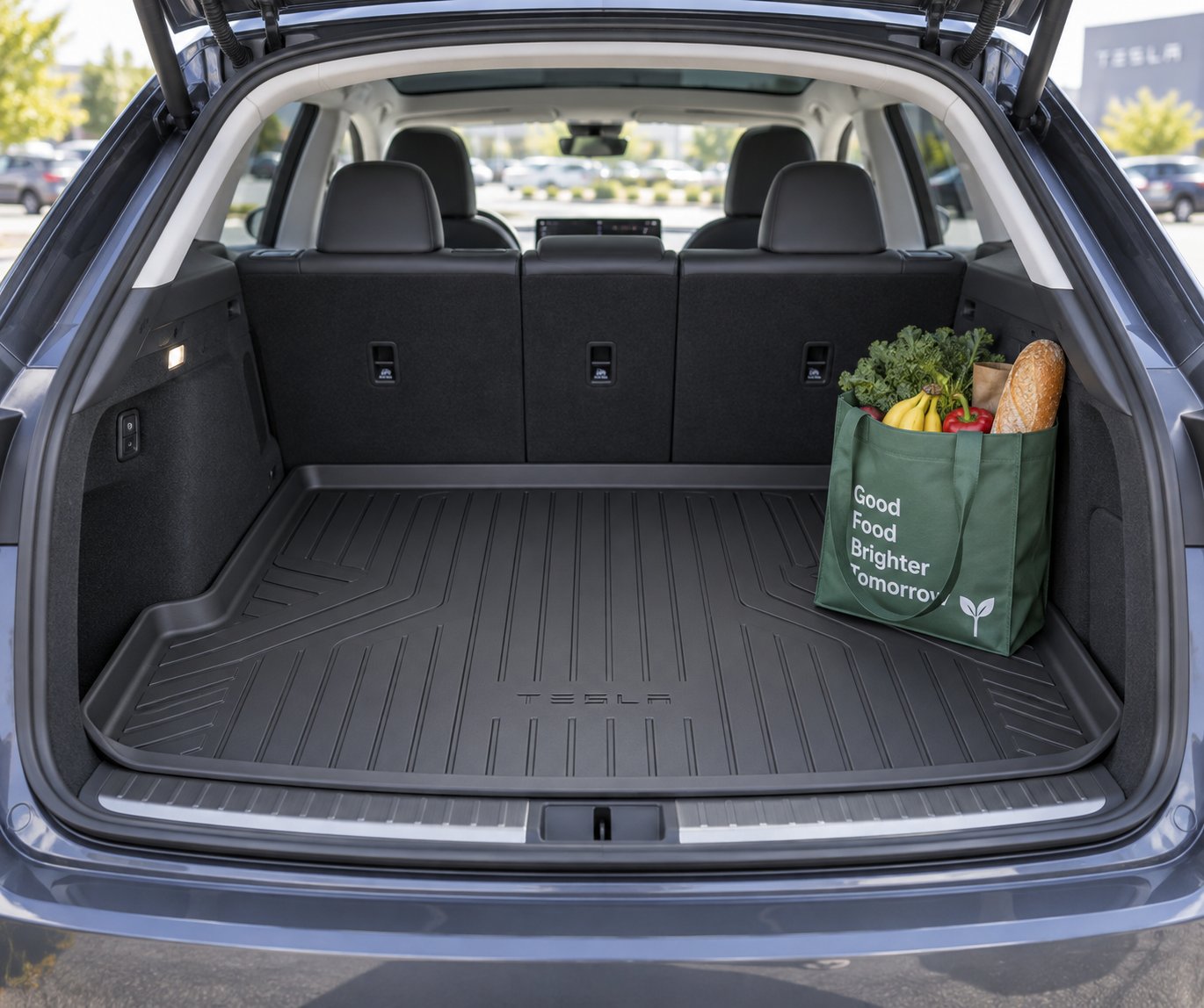 custom fit cargo liner providing full trunk protection inside a tesla