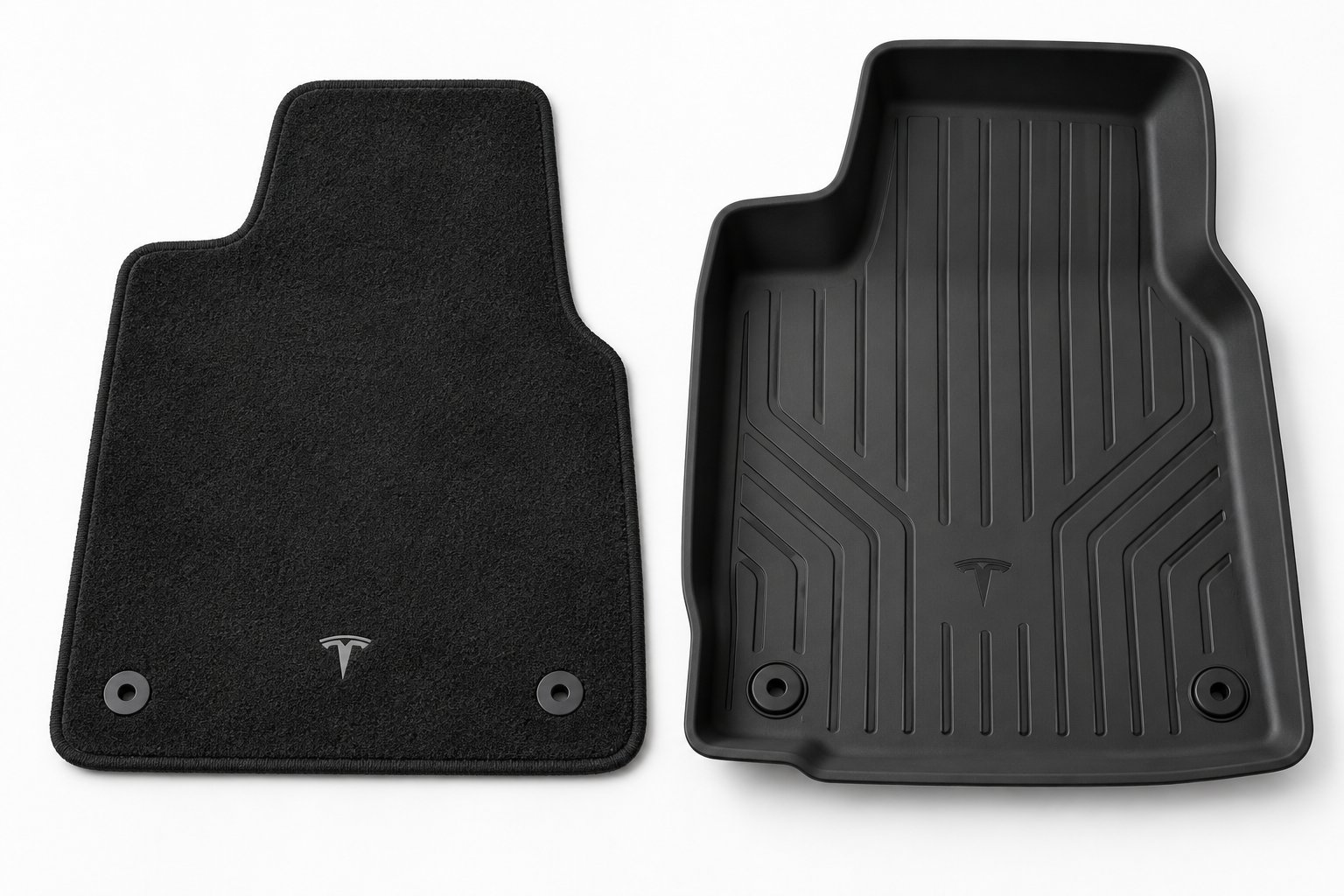 standard tesla carpet mat compared to an upgraded all weather interior liner