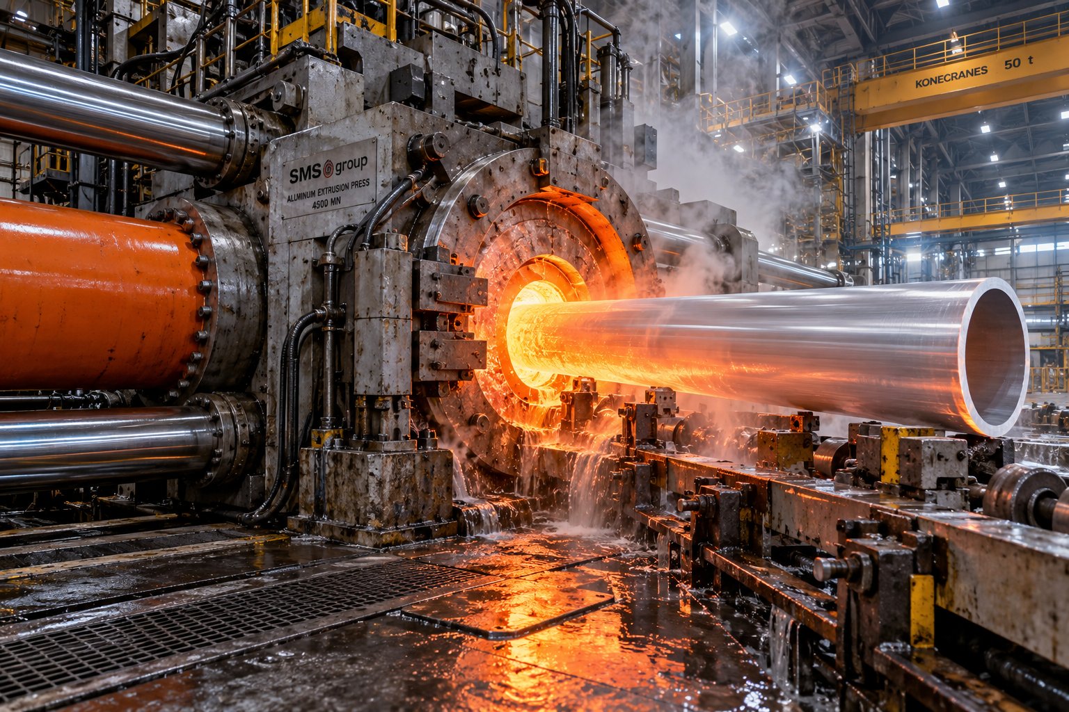 aluminum tube extrusion process showing heated metal forming through precision dies