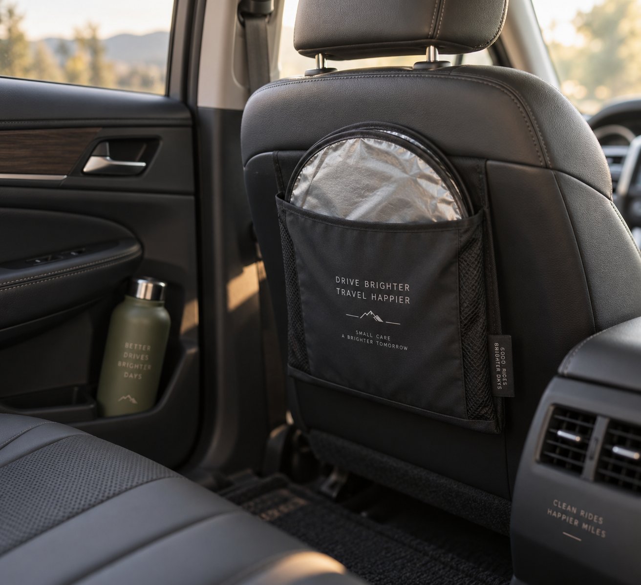 a folded sunshade stored in its pouch behind the seat for easy access and frame protection