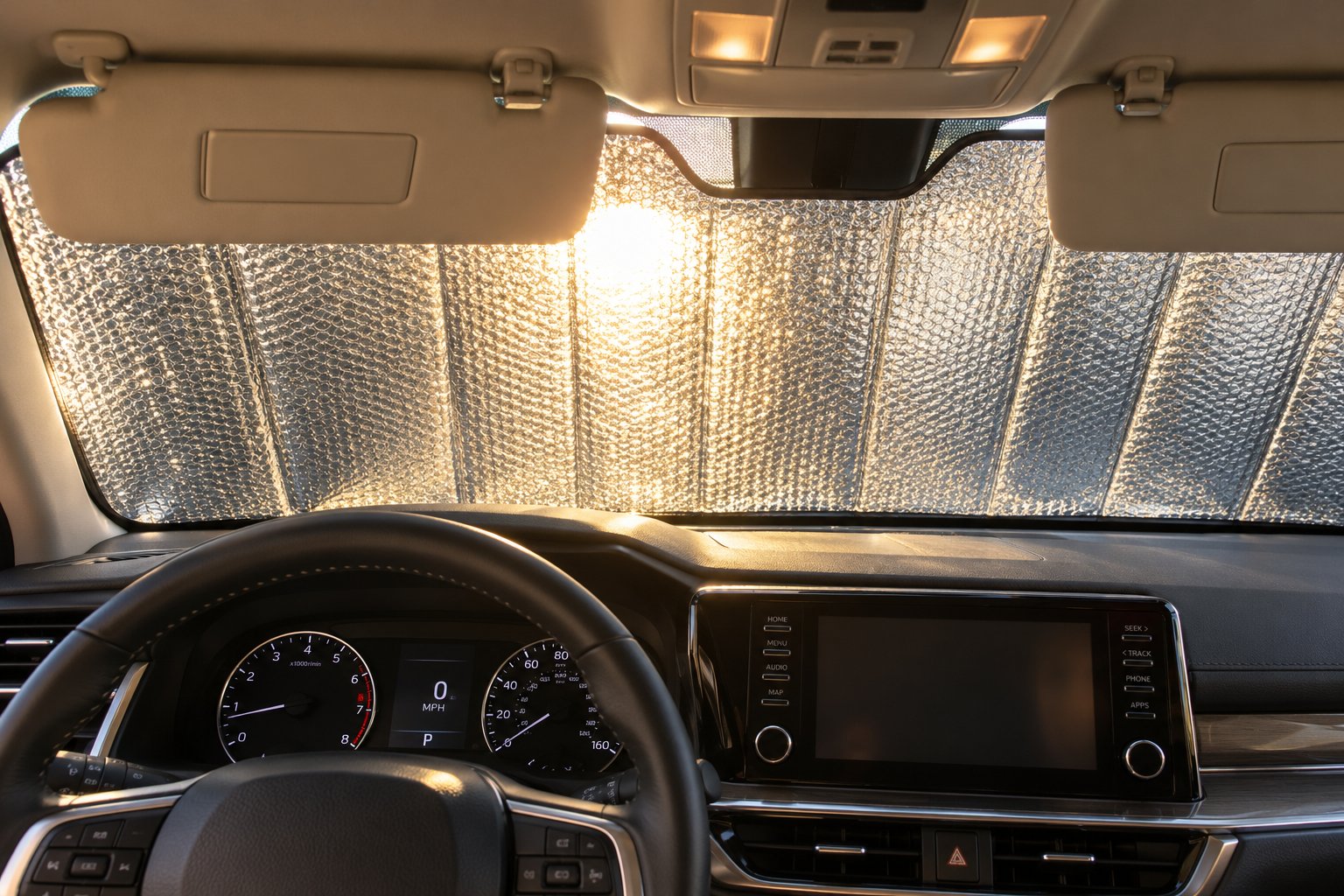 proper sunshade installation with the reflective side facing out and visors securing the top edge