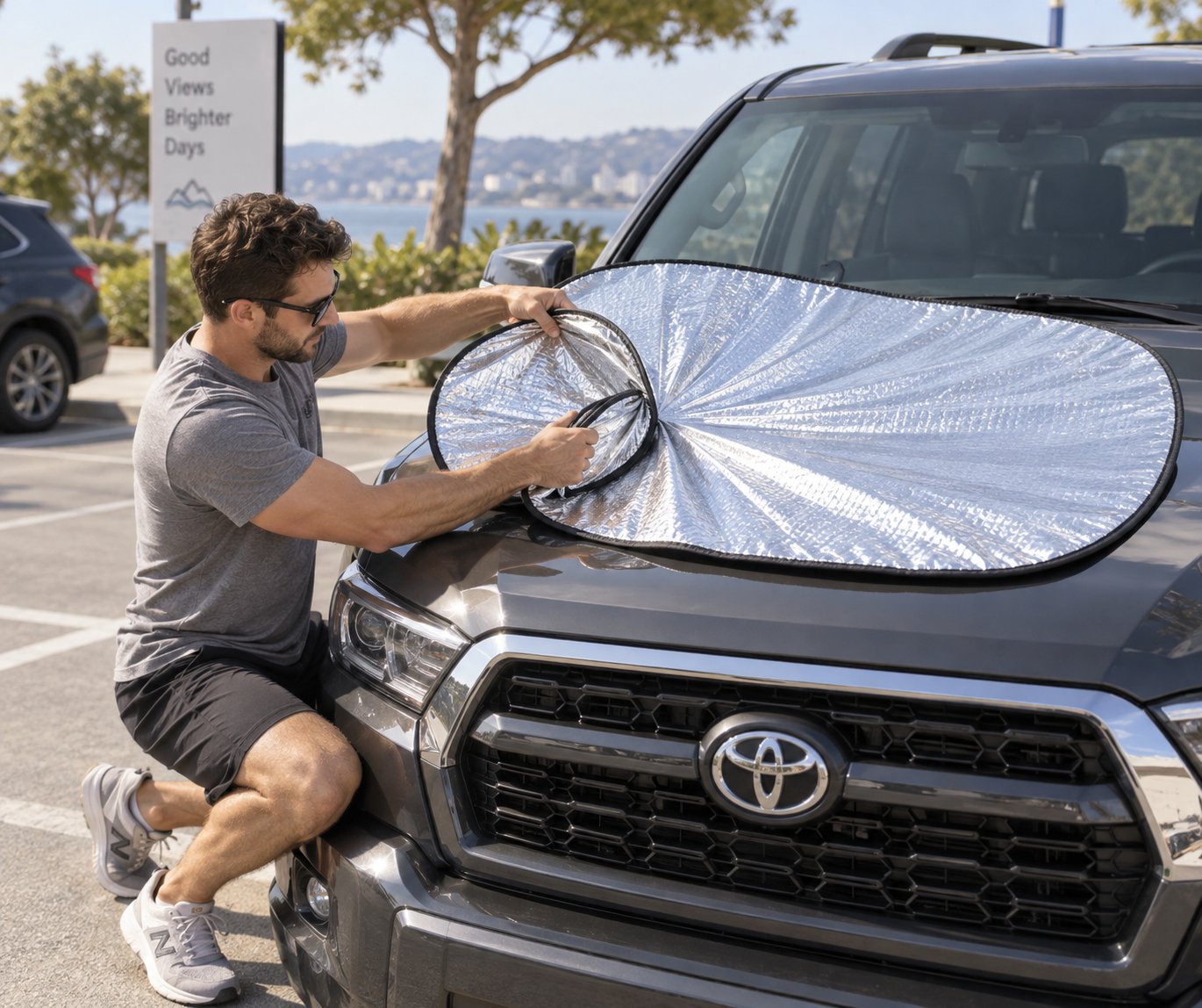 using a flat surface to fold an oversized suv sunshade for better control and leverage