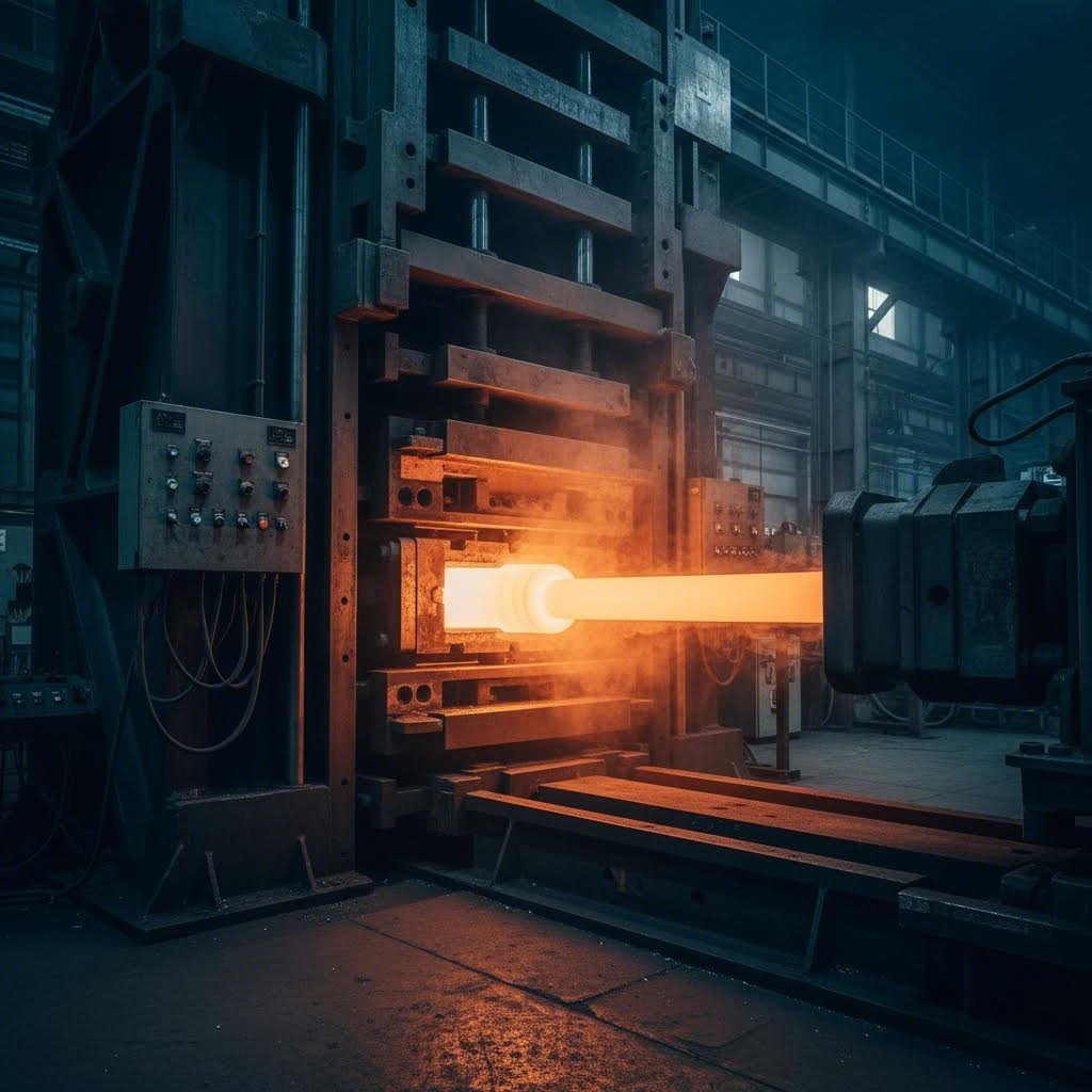 industrial aluminum extrusion press forcing heated metal through precision dies