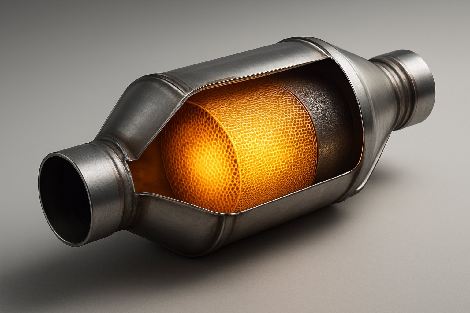 cutaway view of a catalytic converter with stainless shell and honeycomb core