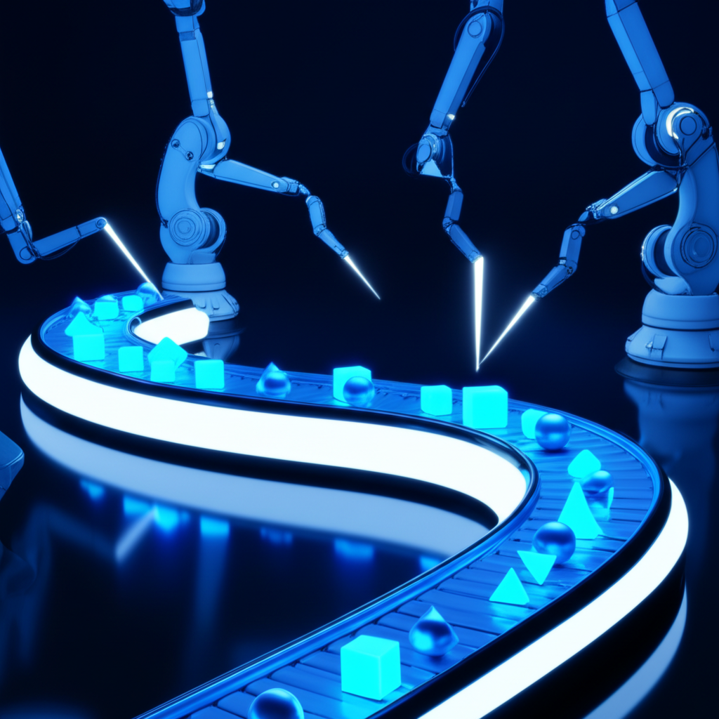 abstract visual of a futuristic assembly line symbolizing mass production and quality control