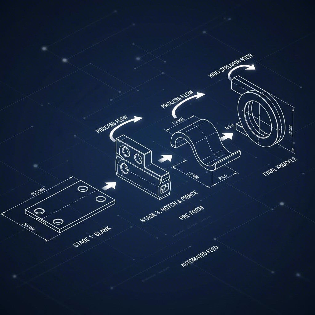 Schematic view of progressive die stamping stages for automotive hinges