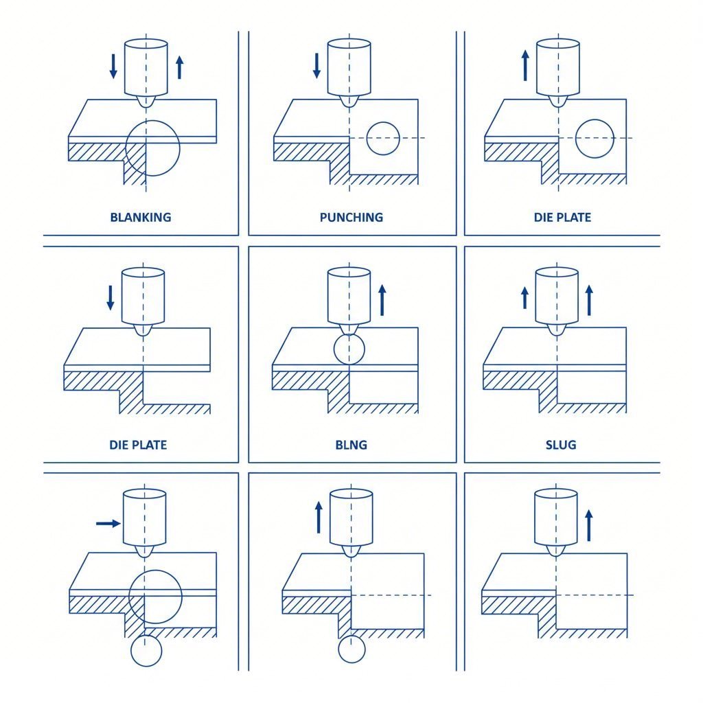 cross sectional views of essential metal stamping techniques and die operations