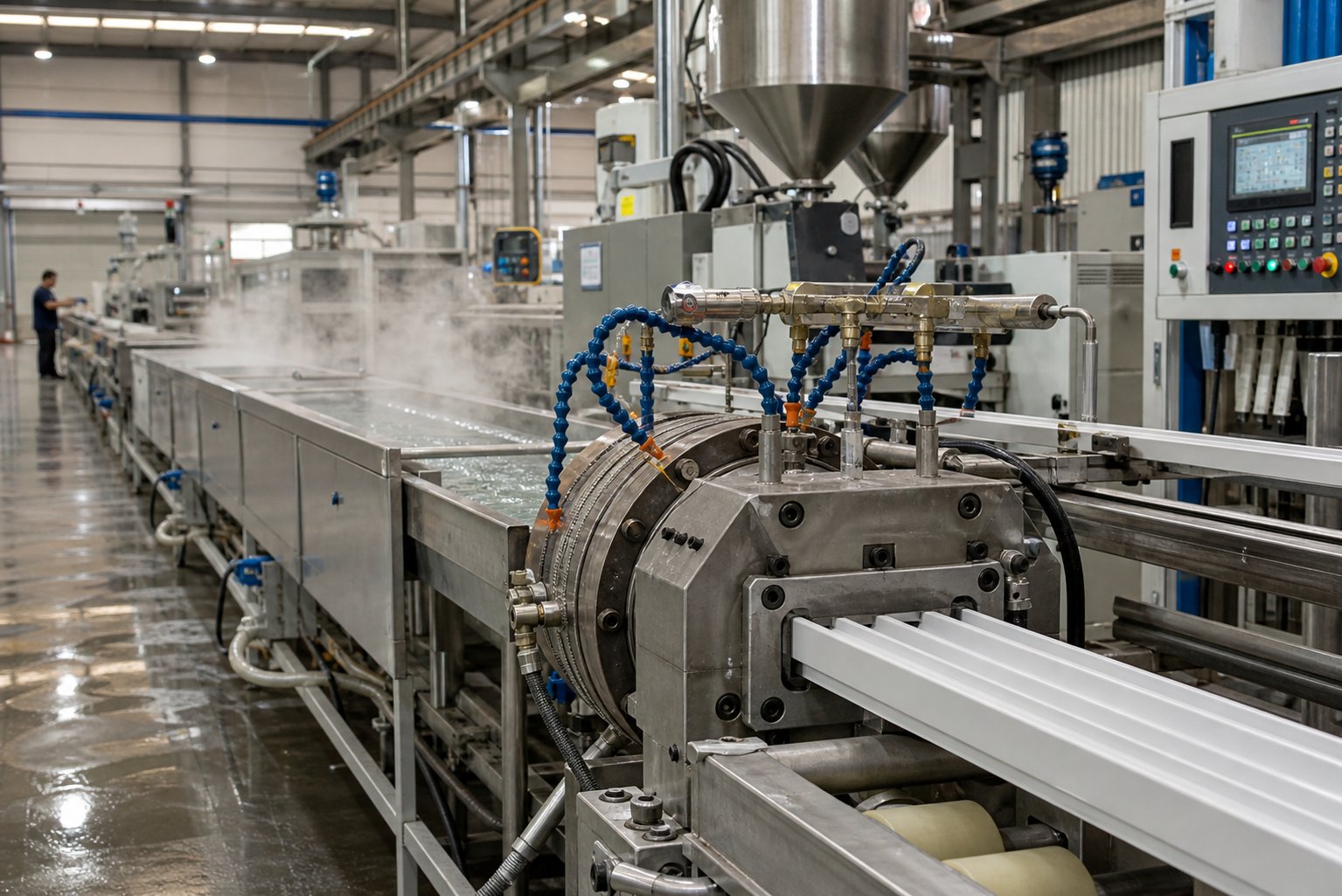 a modern pvc extrusion line producing rigid profiles from compound to finished product