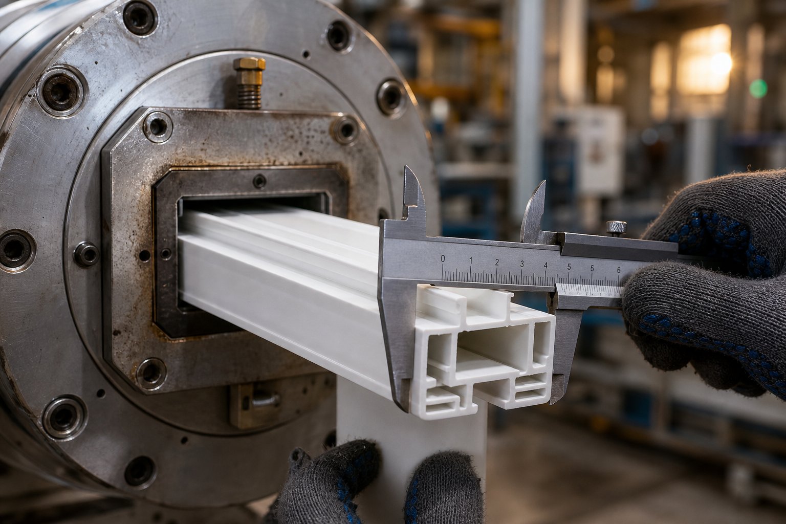 inspecting a pvc profile at the die exit to identify surface defects and verify dimensional accuracy