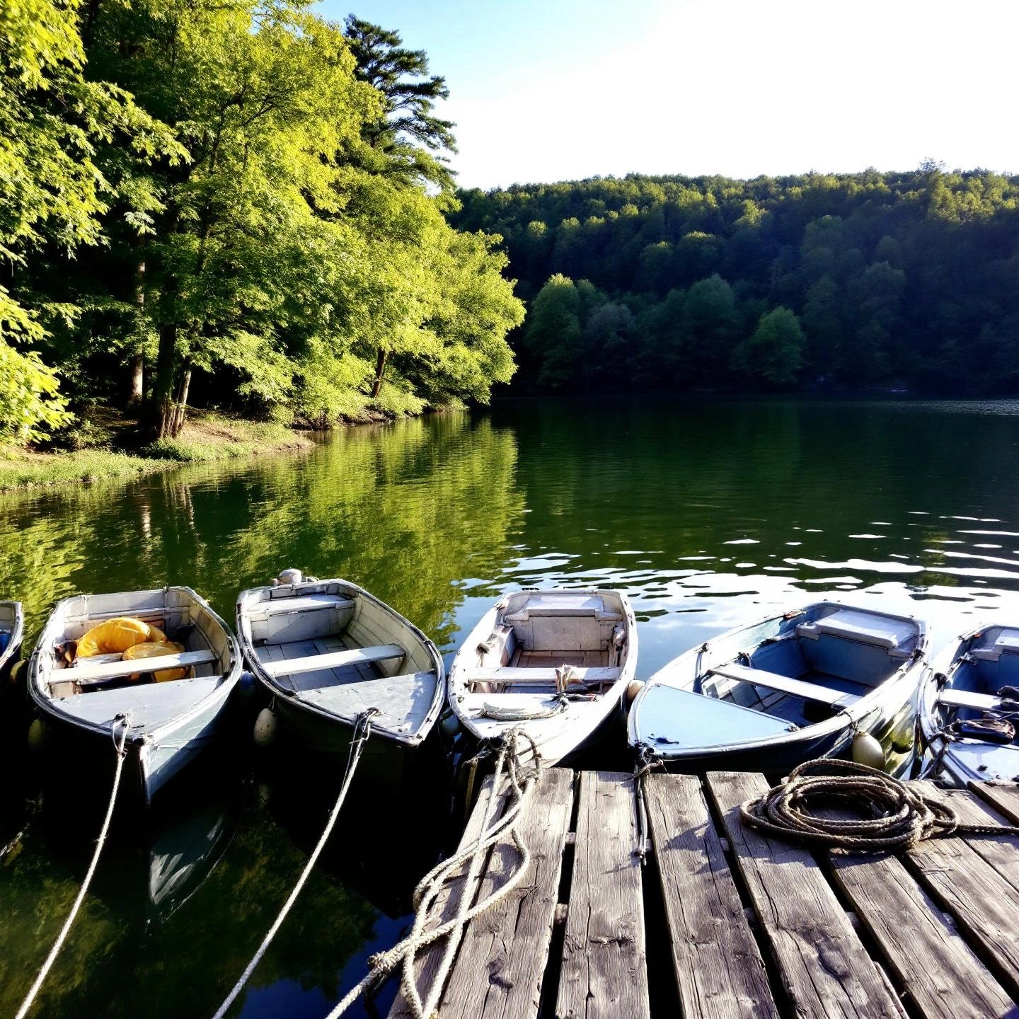 a variety of aluminum boats docked on a serene lake ready for fishing recreation or work