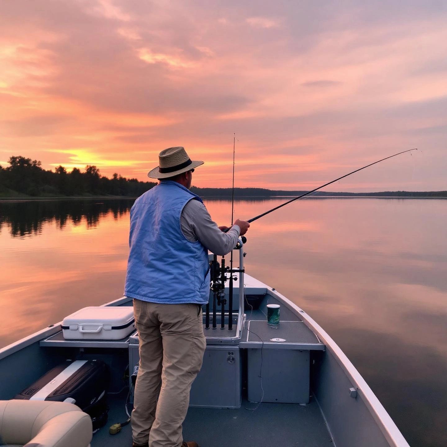 angler fishing from a spacious aluminum boat deck at sunrise