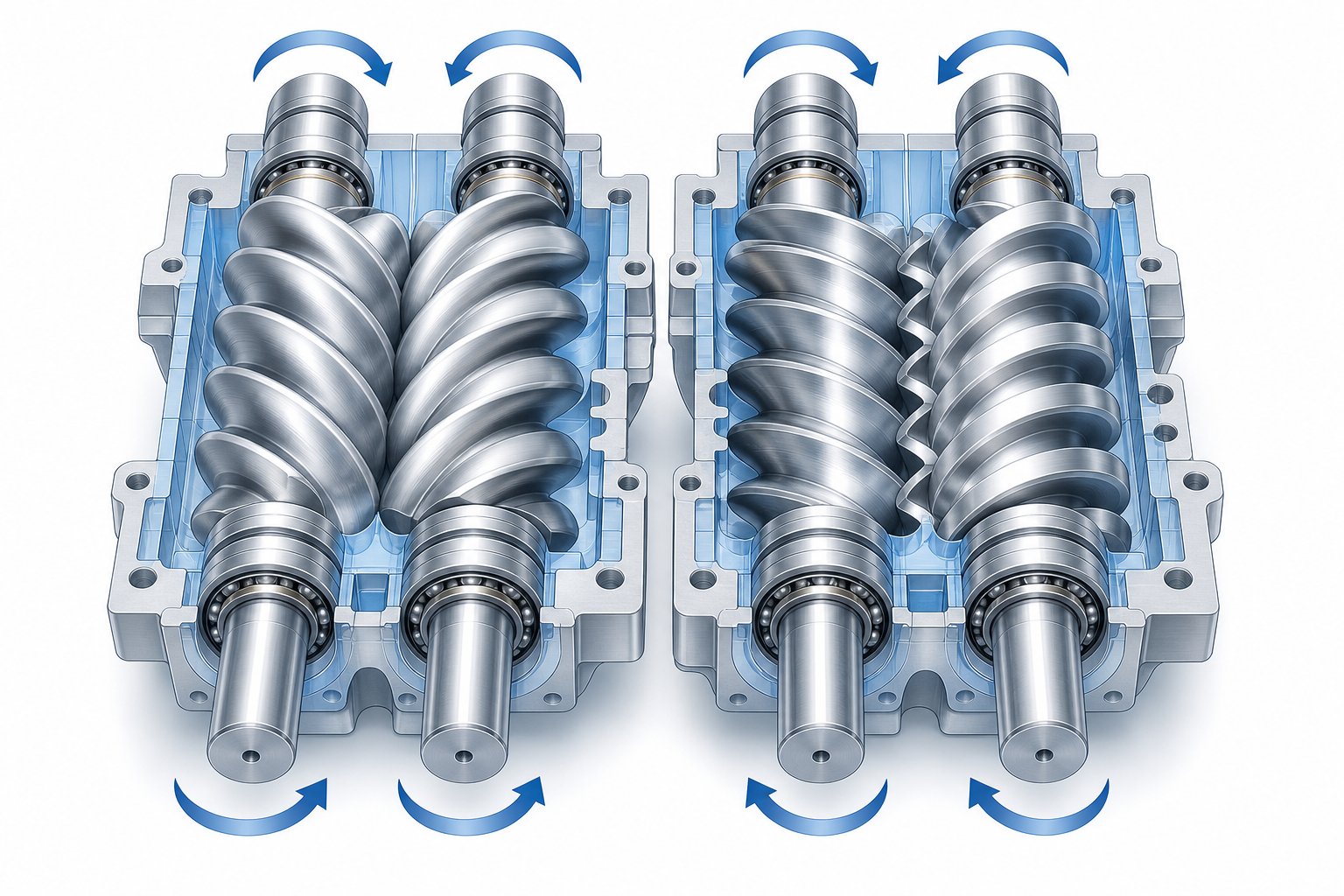 co rotating versus counter rotating twin screw configurations showing opposing rotation directions and intermeshing geometry