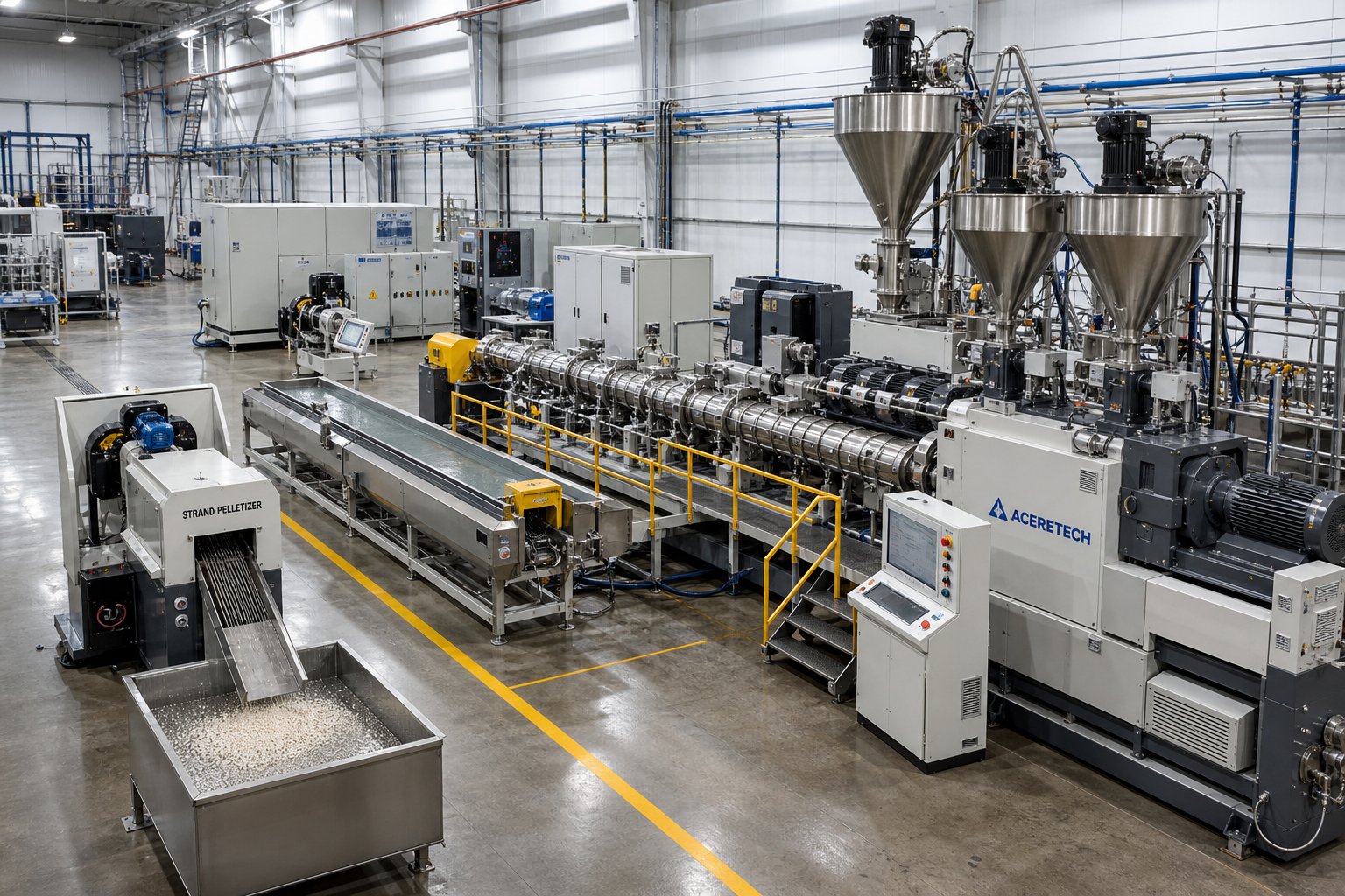 complete twin screw extrusion line with feeding system extruder and downstream pelletizing equipment that buyers must budget for