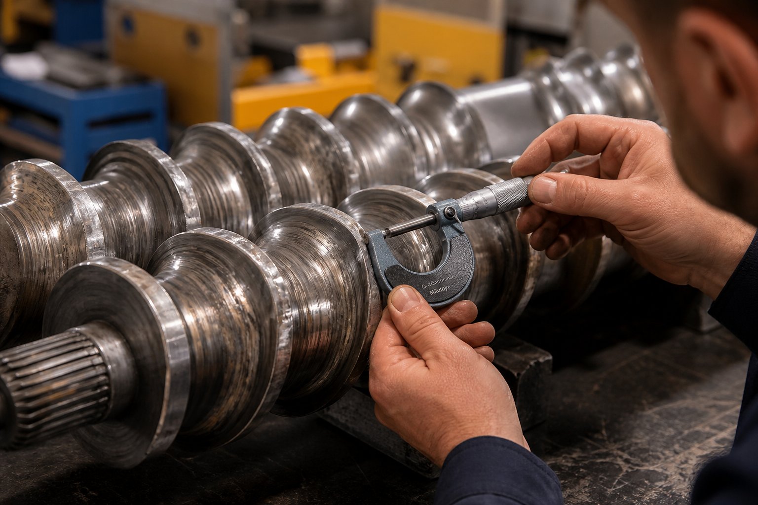 technician measuring twin screw extruder screw elements for wear a critical step in evaluating used equipment before purchase
