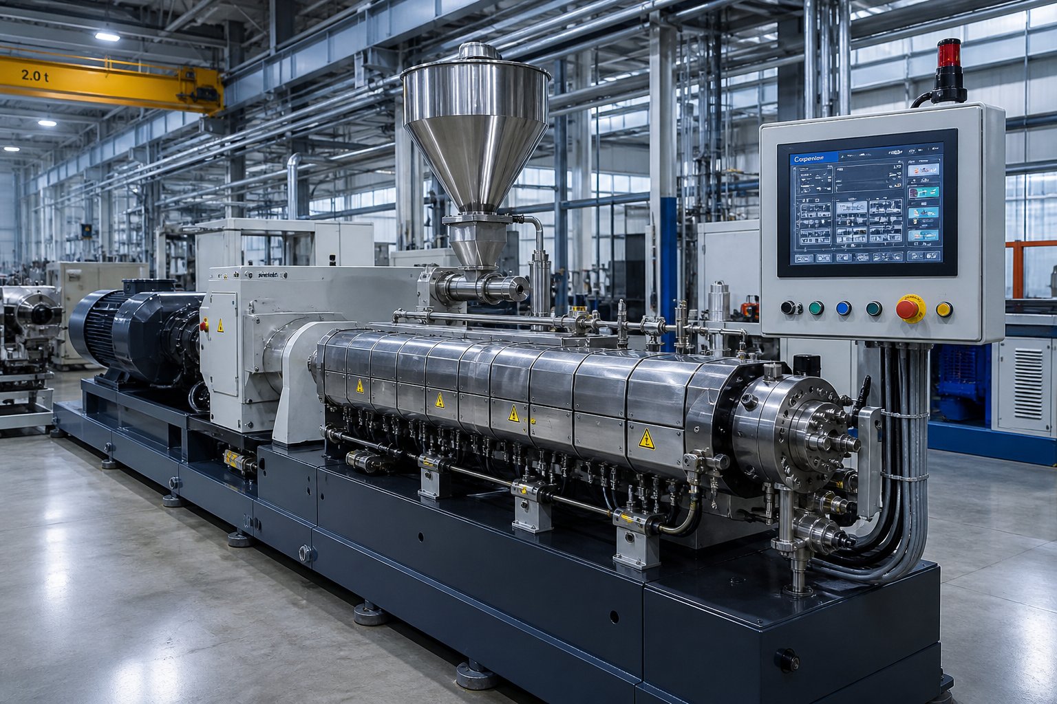 twin screw extruder machine on a production floor highlighting the barrel drive system and control panel buyers should evaluate