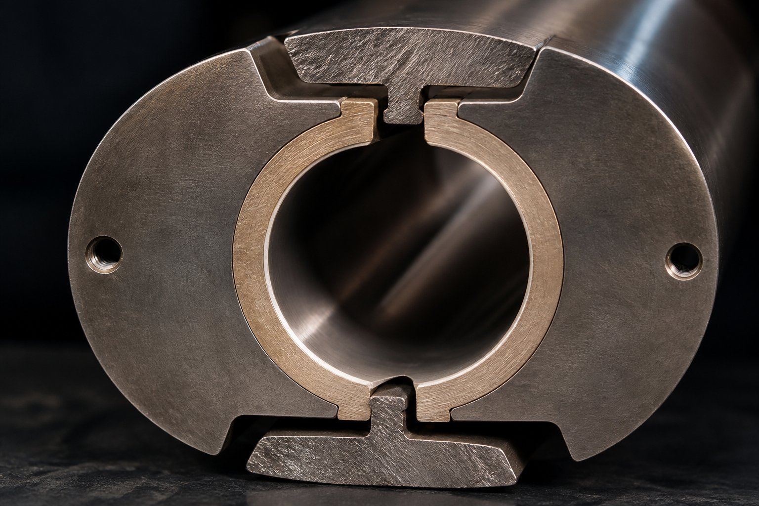 cross section of a bimetallic extruder barrel segment revealing the structural steel shell and centrifugally cast wear resistant liner layer