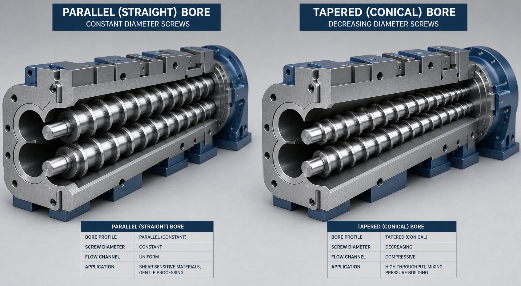 cutaway comparison of parallel and conical twin screw barrel geometries highlighting differences in bore shape and screw taper