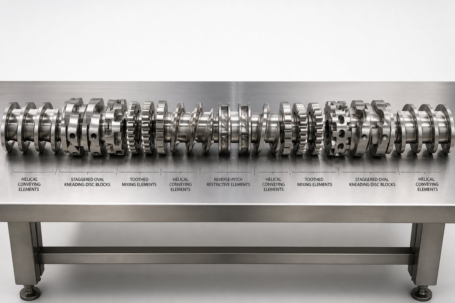 individual screw element types conveying kneading mixing and restrictive arranged in the order they typically appear along a twin screw profile