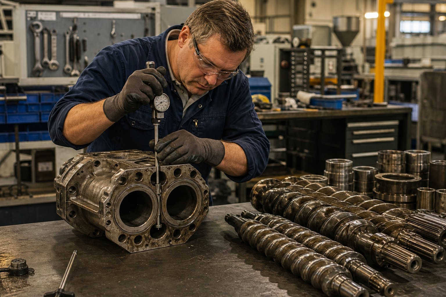 technician performing bore measurement on a twin screw extruder barrel during scheduled preventive maintenance inspection