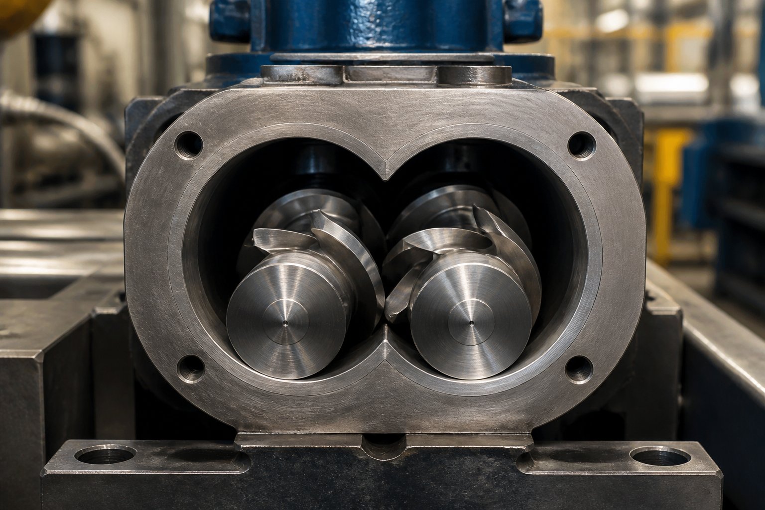 twin screw and barrel system showing two intermeshing screws inside a figure eight bore barrel used for polymer compounding and extrusion