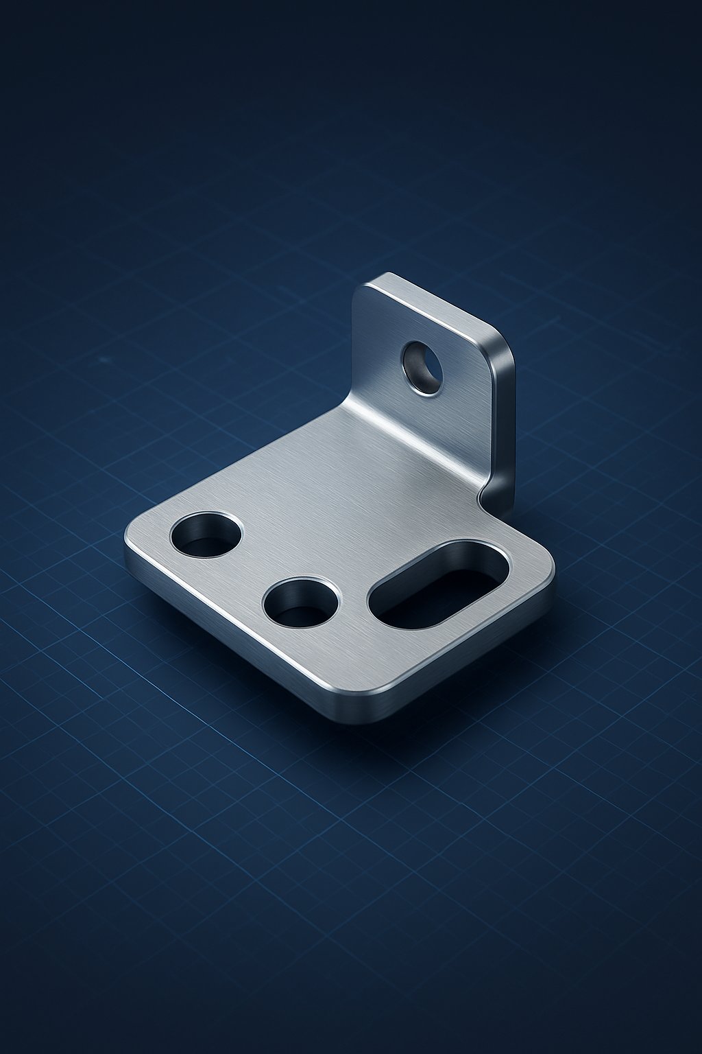 Precision metal stamped sensor bracket with technical blueprint background