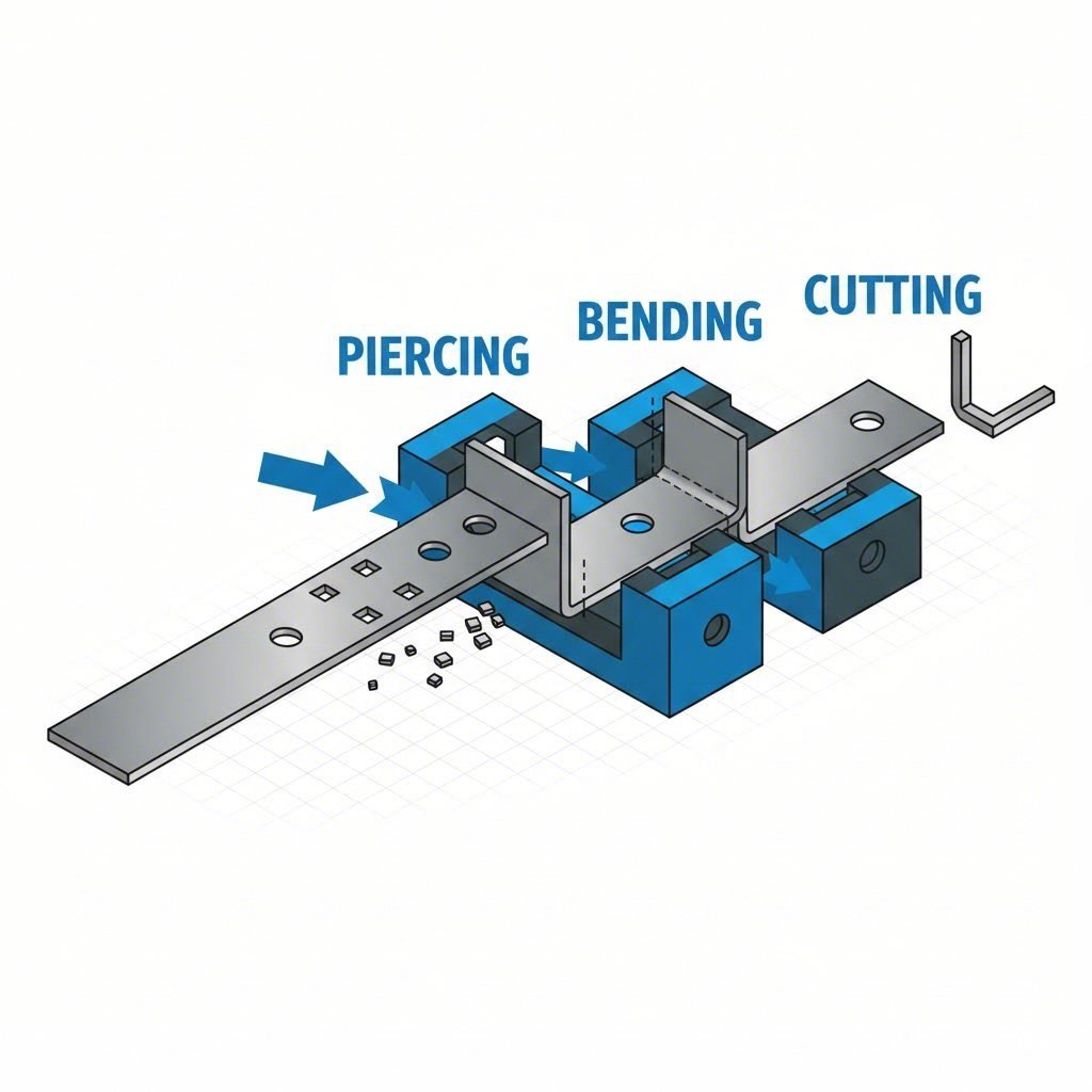 Progressive die strip layout showing the transformation from coil to sensor bracket