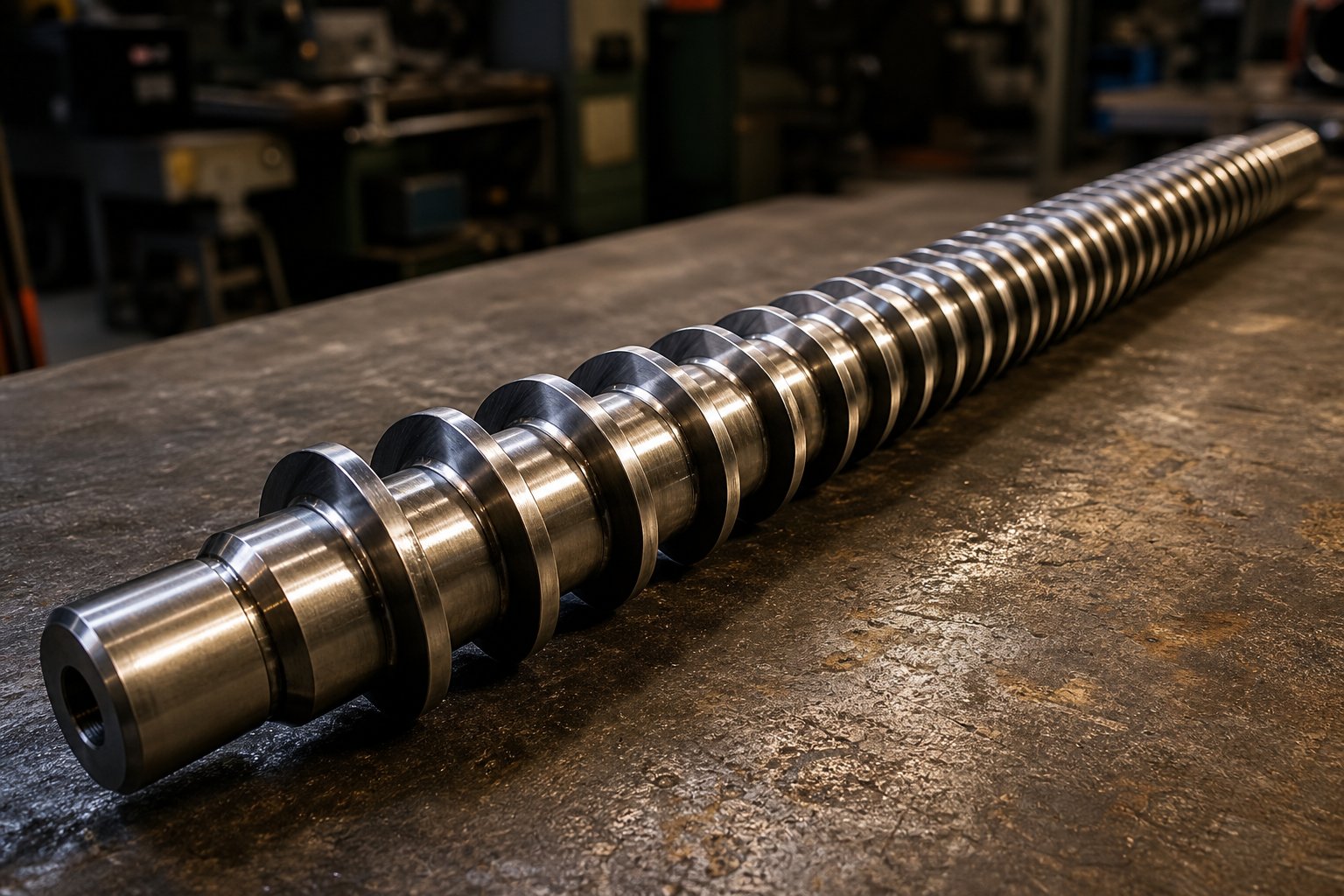 a single screw extruder screw showing the helical flight geometry that drives polymer conveying melting and metering