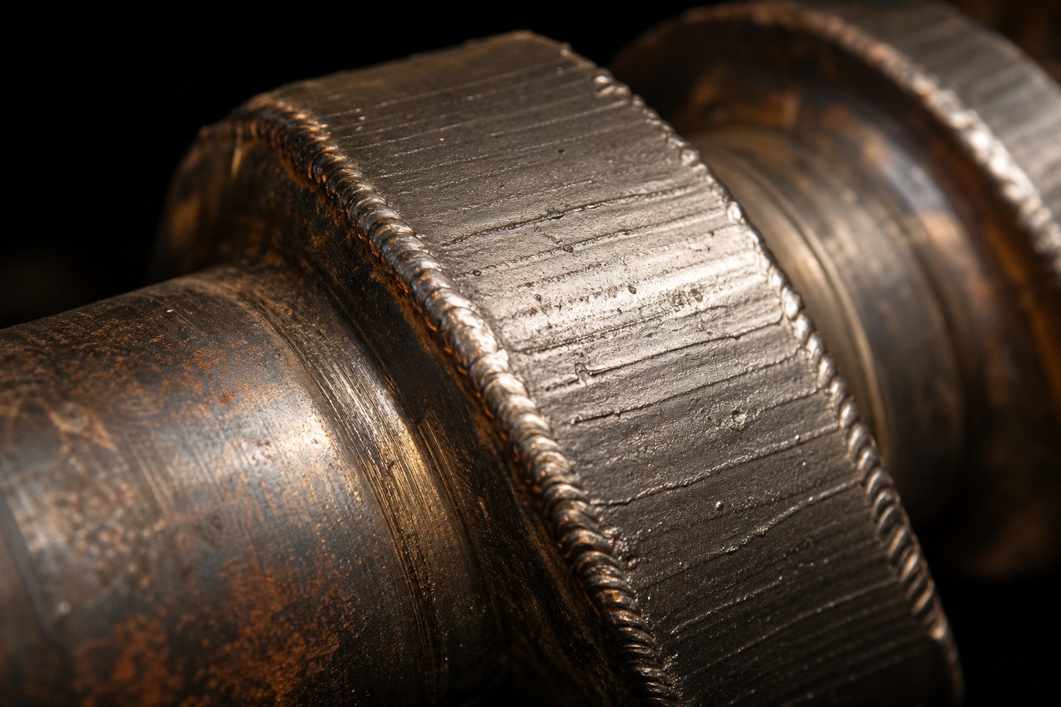 close up of hardfacing surface treatment on extruder screw flights for enhanced wear and corrosion resistance