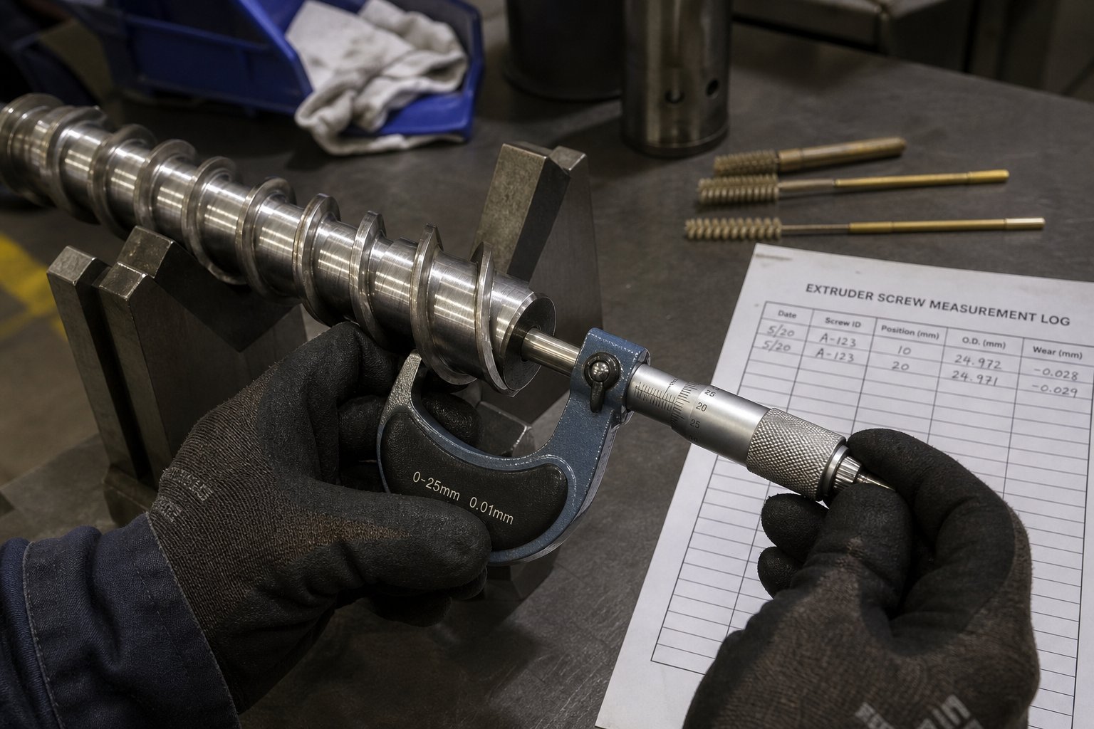 measuring extruder screw flight diameter with a micrometer to assess wear and determine rebuild or replacement needs
