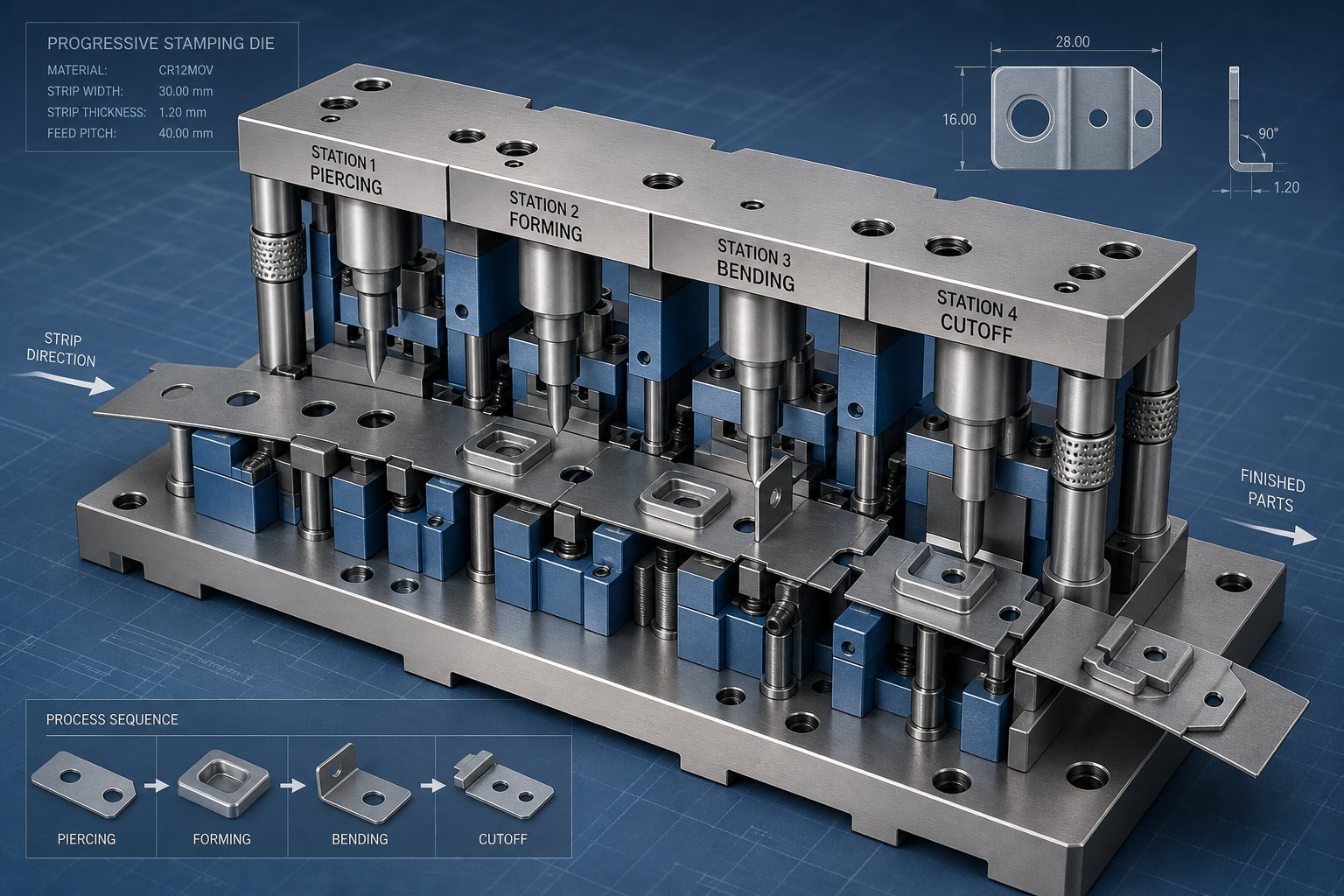 info-1-1 progressive die station sequence showing metal strip advancing through piercing forming and cutoff operations