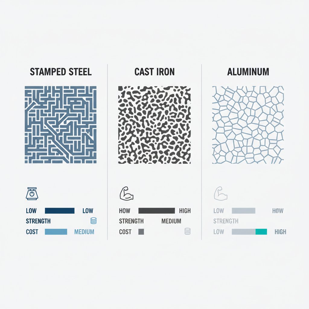 infographic comparing the properties of stamped steel cast iron and aluminum for control arms