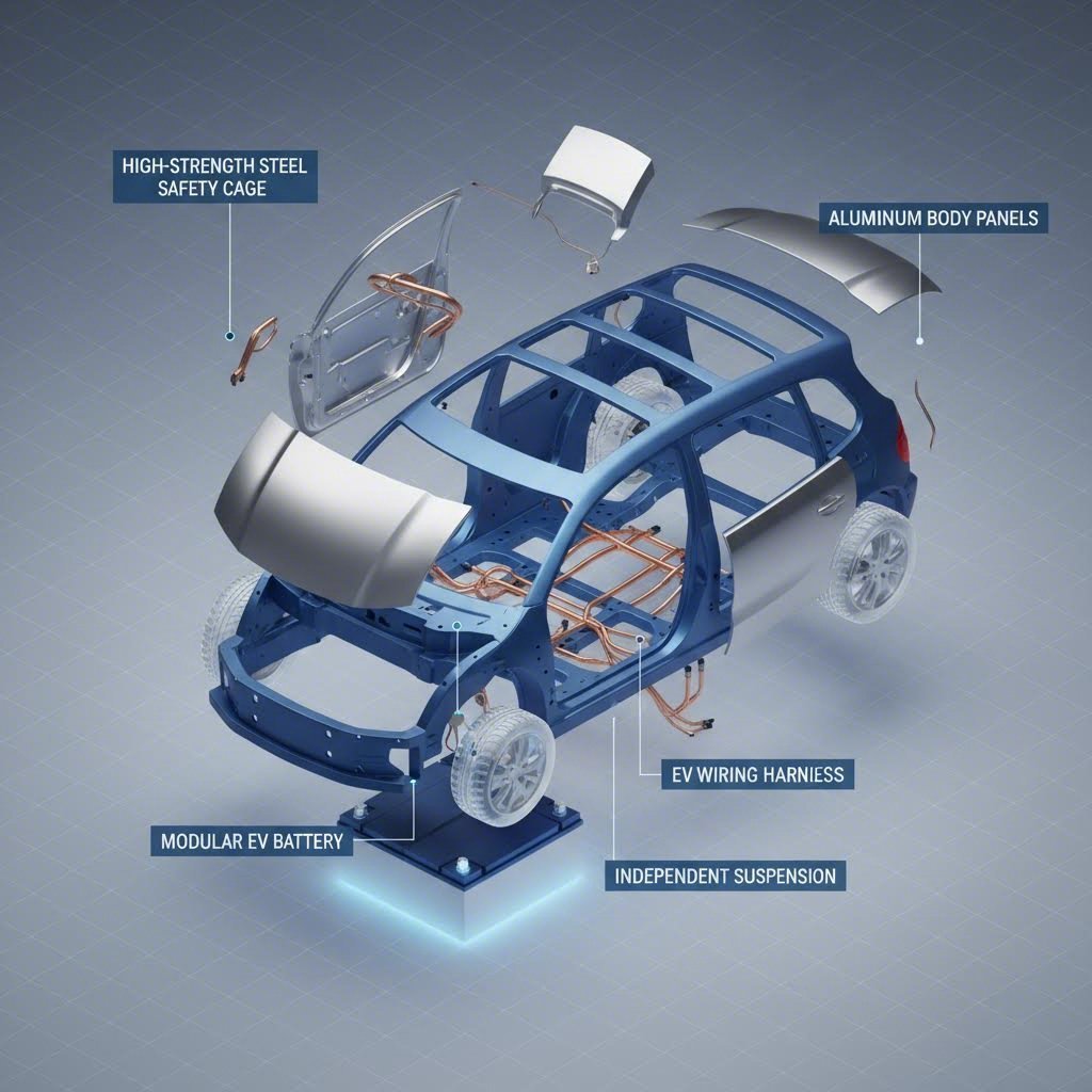 Exploded view of automotive chassis showing material distribution Steel vs Aluminum vs Copper