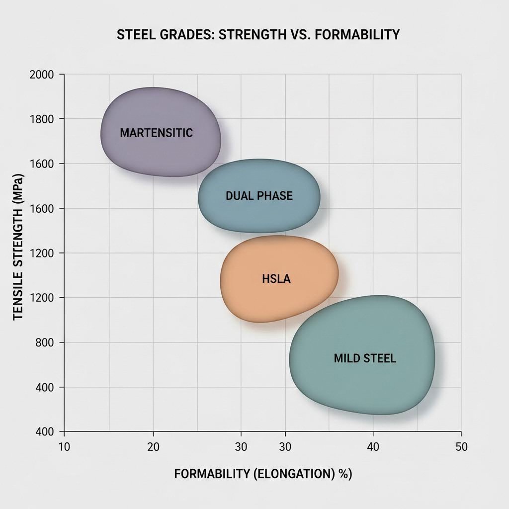Steel Strength Ductility Diagram Comparing Mild Steel HSLA and AHSS grades